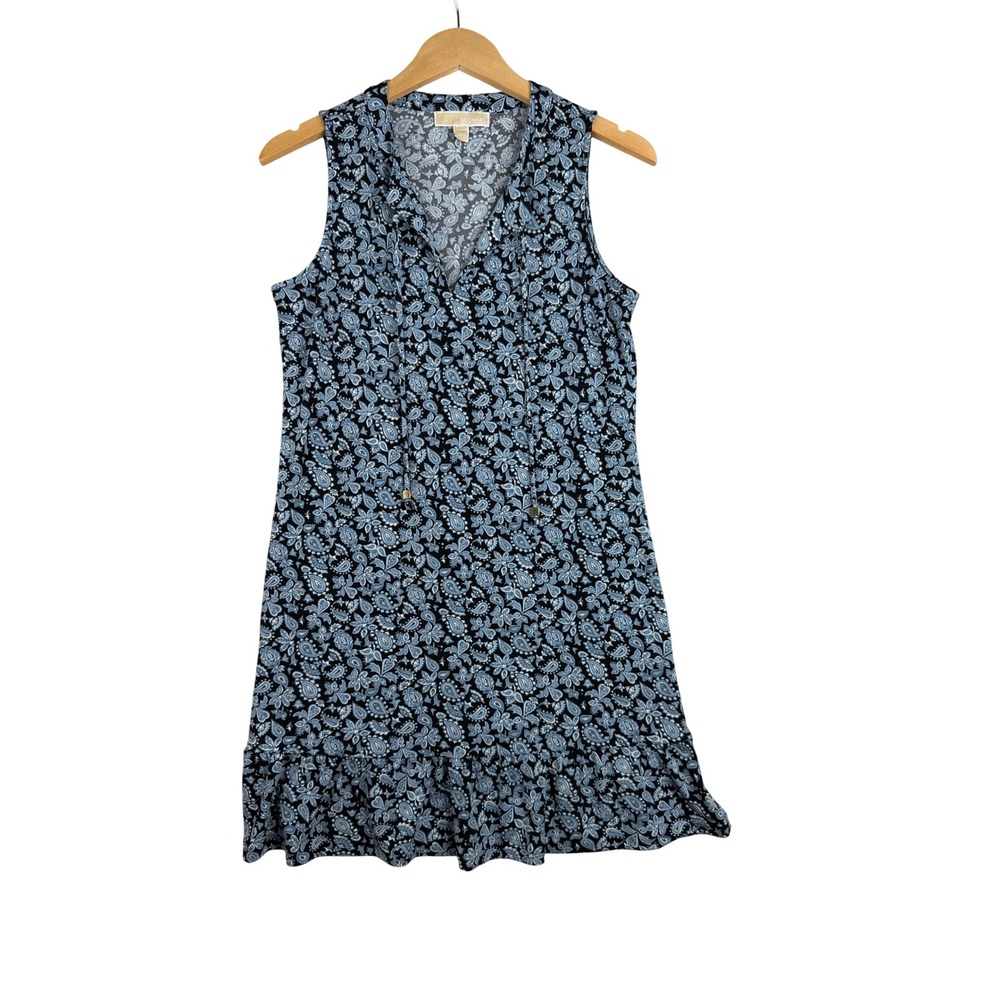 Michael Kors Floral/Paisley Print Sleeveless Split Neck Dress size Large Blue